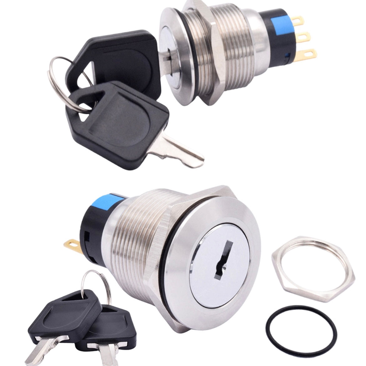Switch 22mm Waterproof Metal Rotary Key Selector Switch 2 Position Stainless Steel Lock Switch Latching 1NO1NC