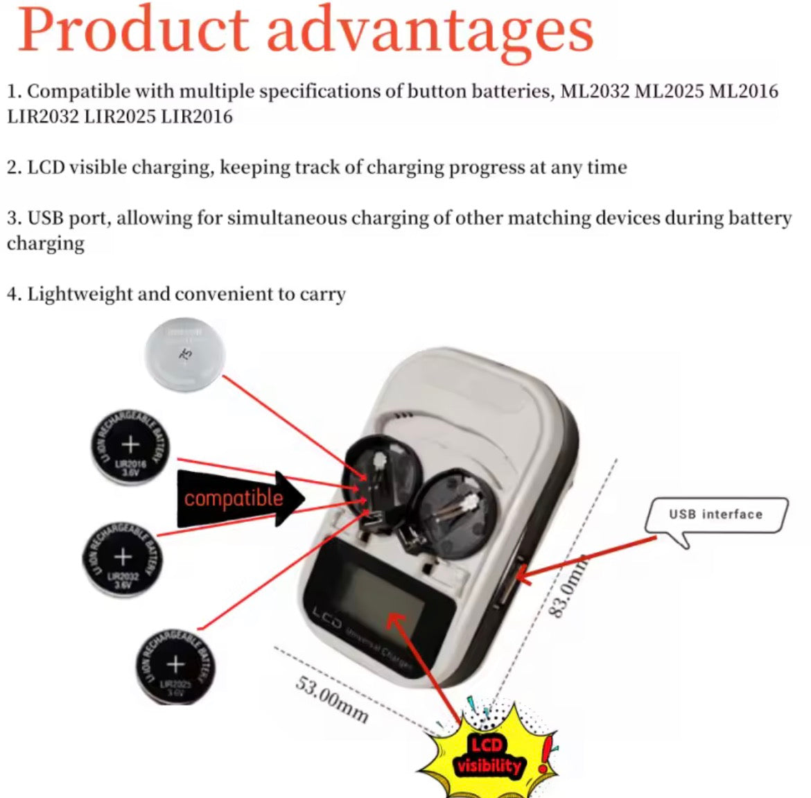 Battery Charger for Rechargeable Lithium Button Batteries LIR2016 2025 2032 ML2016 2025 2032