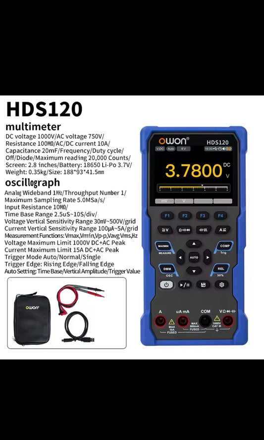 HDS120 Handheld 2in1 Digital Oscilloscope Multimeter with 1MHz Bandwidth, 2.8" IPS Screen, True RMS, CATIII 1000V