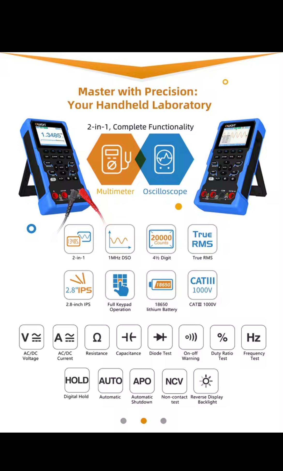 HDS120 Handheld 2in1 Digital Oscilloscope Multimeter with 1MHz Bandwidth, 2.8" IPS Screen, True RMS, CATIII 1000V