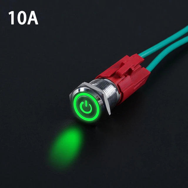 Switch 16mm Waterproof Metal push button on/off 24v Green Light 10A