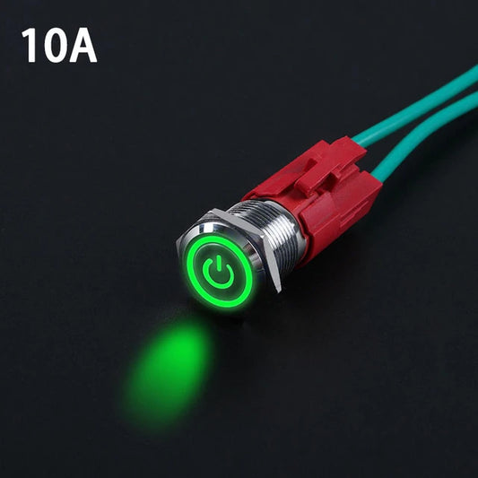 Switch 16mm Waterproof Metal push button on/off 24v Green Light 10A