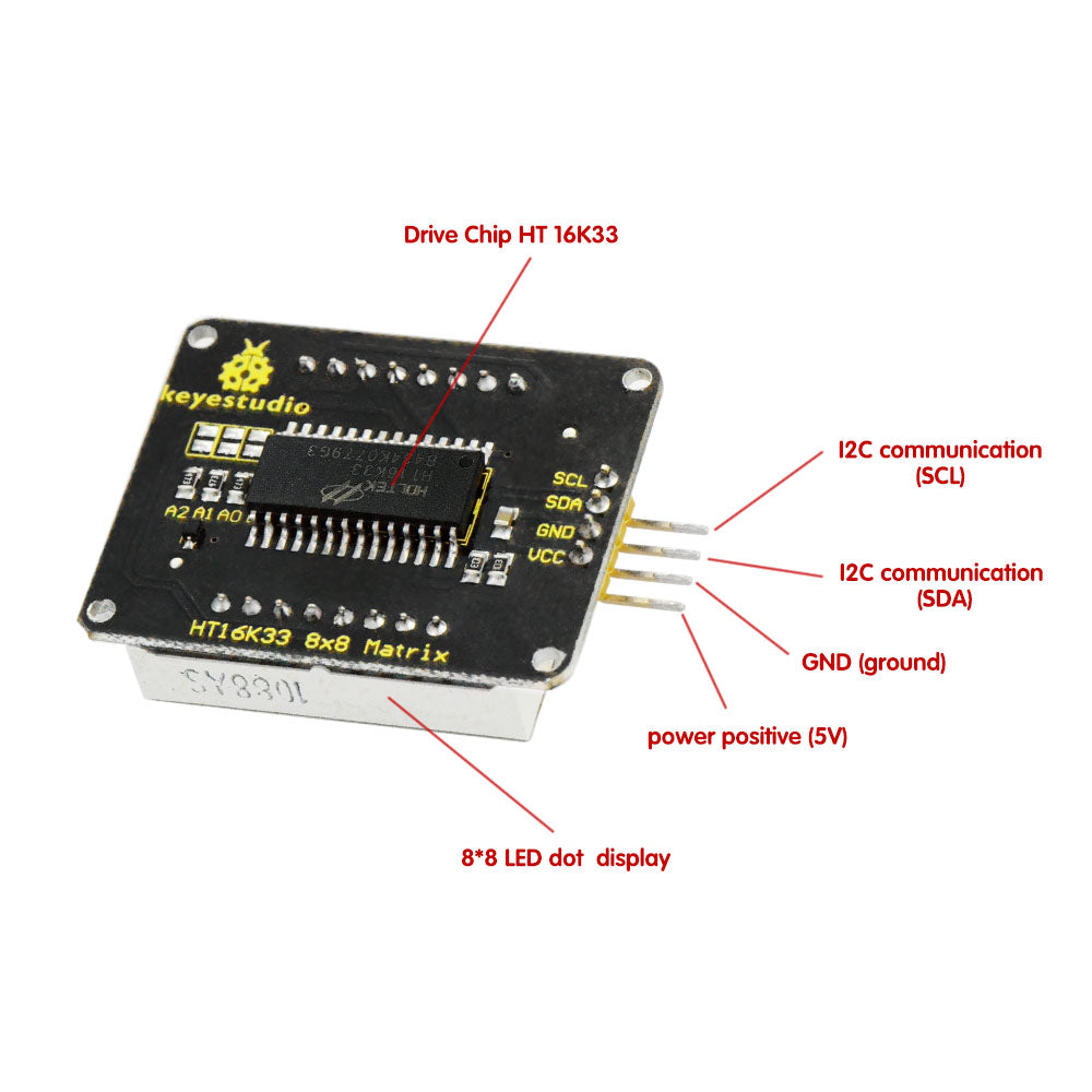 KS0336
3PCS Keyestudio Red color common cathode I2C 8*8 LED dot Matrix module