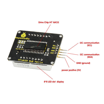 KS0336
3PCS Keyestudio Red color common cathode I2C 8*8 LED dot Matrix module